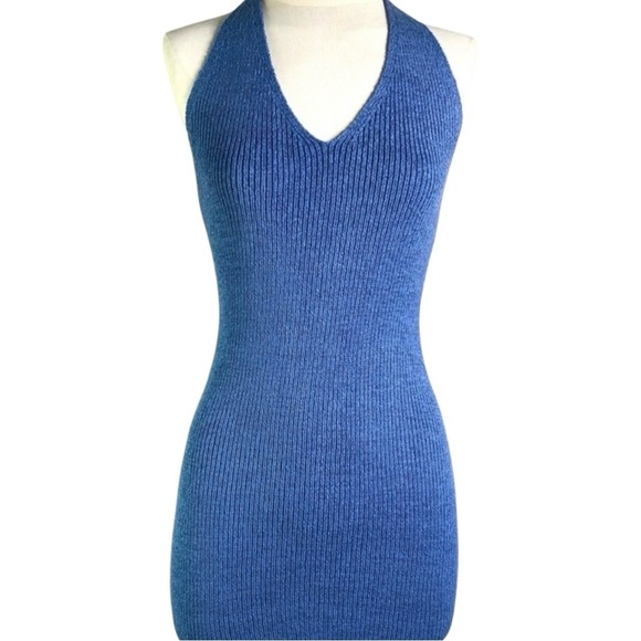 Blue Ribbed Halter Mini Dress - Picture 3 of 7